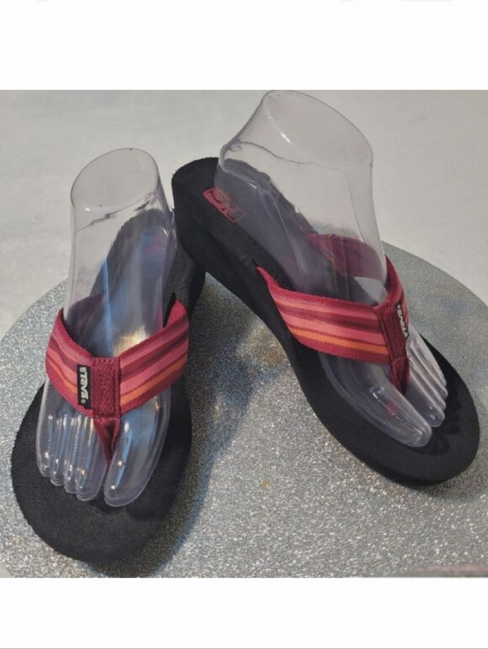 Teva Mush Mandalyn Wedge Thong Sandals Black Red Pink Striped 1000093B Size 9